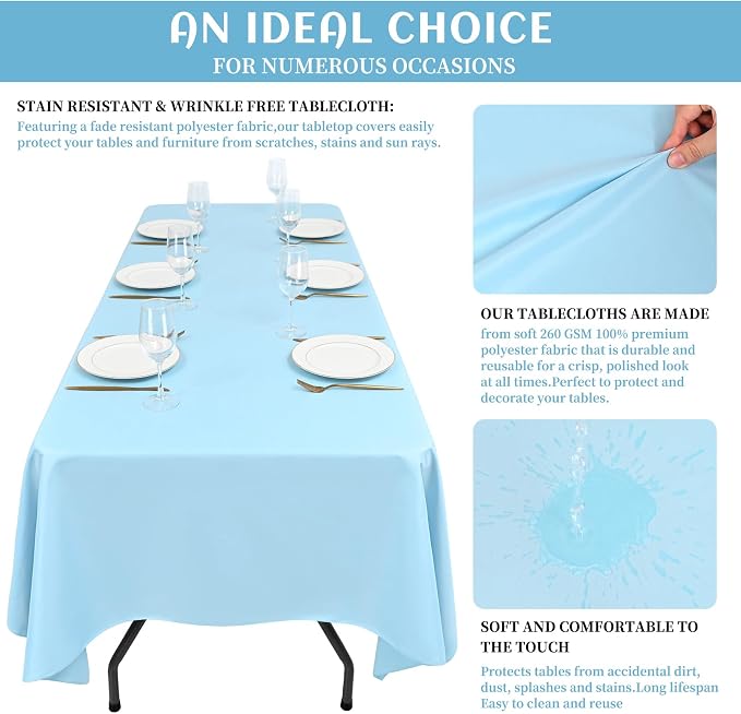 Showgeous 60x102 Inch Light Blue Rectangle Tablecloth 10 Pack Fit 6FT Table | Stain Rectangule Polyester Table Cloth Wrinkle Resistant Washable Fabric Table Covers for Wedding Dining Parties - Image 9