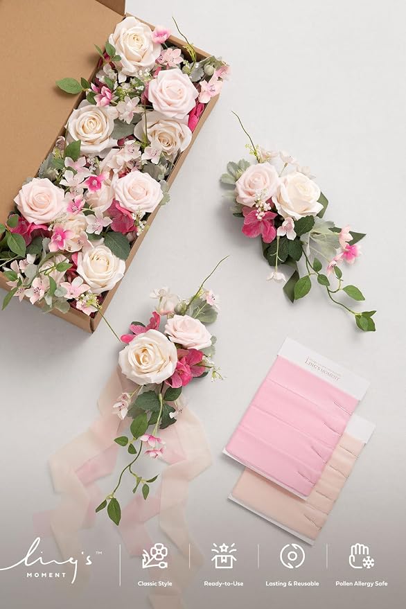 Ling's moment Pew Decorations for Weddings, Berry Pink Aisle Chair Flowers | 8pcs Artificial Flower with Chiffon Ribbons Arrangement for Ceremony Chair Back Floral Reception Church Party Indoor Lantern - Image 7