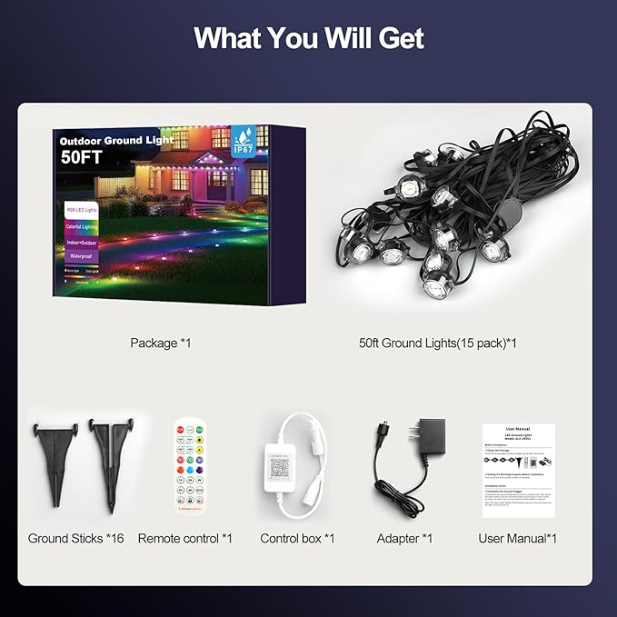 Outdoor Ground Lights, 50FT Smart RGB Pathway Lights with APP/Remote Control, Music Sync, Timer Function, IP67 Waterproof Wired Color-Changing Pathway Light for Garden, Courtyard, Lawn and Parties