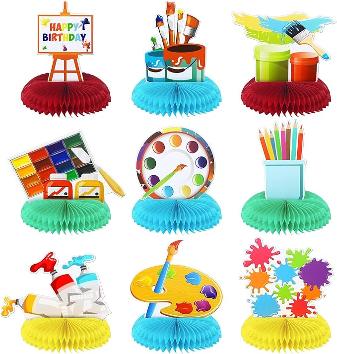 9 Pieces Paint Party Decorations Art Birthday Honeycomb Centerpieces Sip and Paint Party Supplies for Art Birthday Favor Photo Booth Props