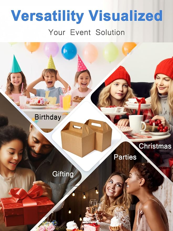 Shallive 50 Pcs Large Treat Boxes 9x6x6 Inch Brown Gable Gift Boxes with Handle Kraft Lunch Boxes Recycled Paper Gift Bags Take Out Cookie Boxes Welcome Boxes Candy Bags For Wedding Supplies - Image 6