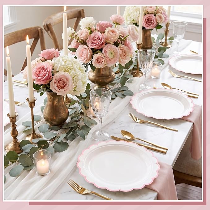NatNarr 30 Pk Pink Paper Plates 9" Scalloped Pink White Party Plates | Cute Pink Birthday Plates Dessert Dinner Plates for Baby Bridal Shower, Wedding, Water&Oil Resistant - Image 7