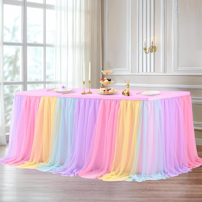 Rainbow Tablecloth for 6 Foot Rectangle Tables with Tulle Table Skirt | Stretch Spandex Fitted Table Cover,One-Piece Design,Non-slip Elastic Wedding Table Cloths for Party Baby Shower Cake Display - Image 9