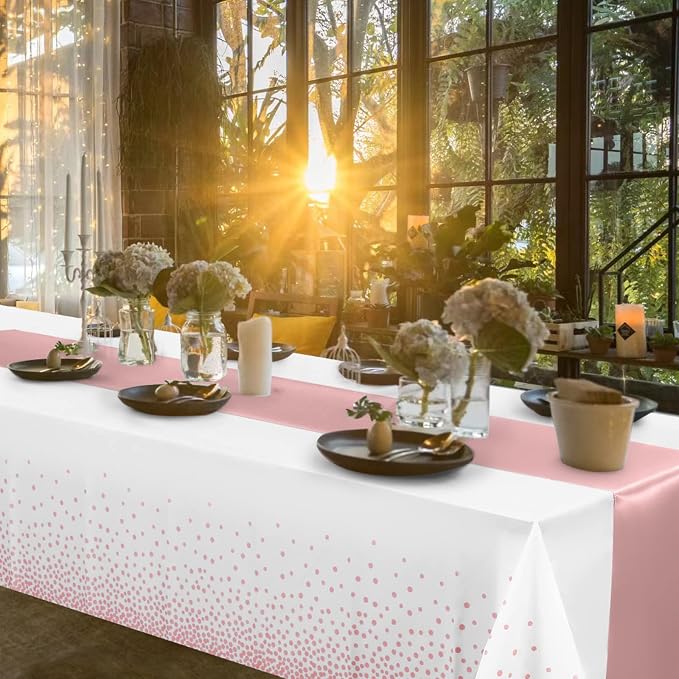 MASHAN 24 Pack White and Rose Gold Tablecloth Set - Rectangular PEVA Tablecloths and Satin Table Runners for Wedding, Baby Shower, Anniversary, Christmas, New Year Party - Image 7