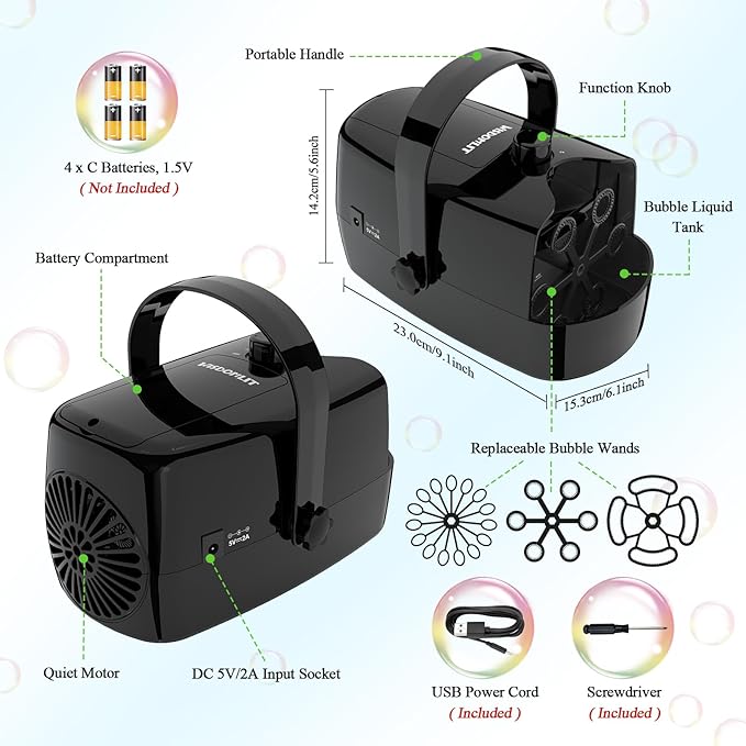 Bubble Machine, 3-in-1 Bubble Maker, Bubble Blower with 3 Bubble Wheels, Make Small | Medium | Big Bubbles for Kids Toddlers, Bubble Toys for Indoor Outdoor Birthday Party (Black)