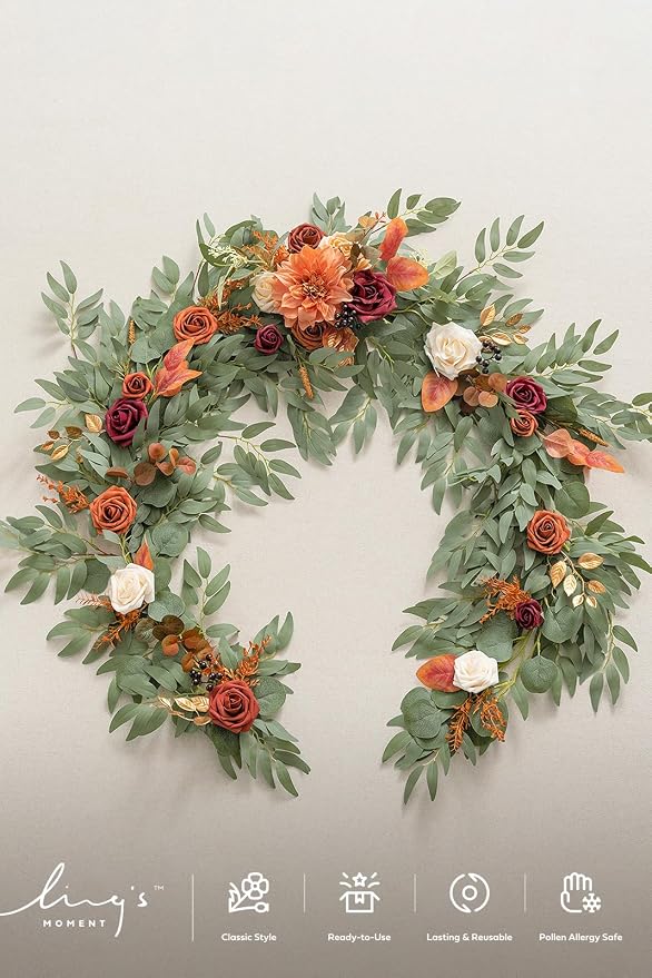 Ling's moment Terracotta Artificial Flower Garland Fall Wedding Arch 6 FT | Burnt Orange Rose & Eucalyptus, Greenery, Sweetheart Table Decor, Floral Garland for Mantle, Centerpieces, Backdrop - Image 7