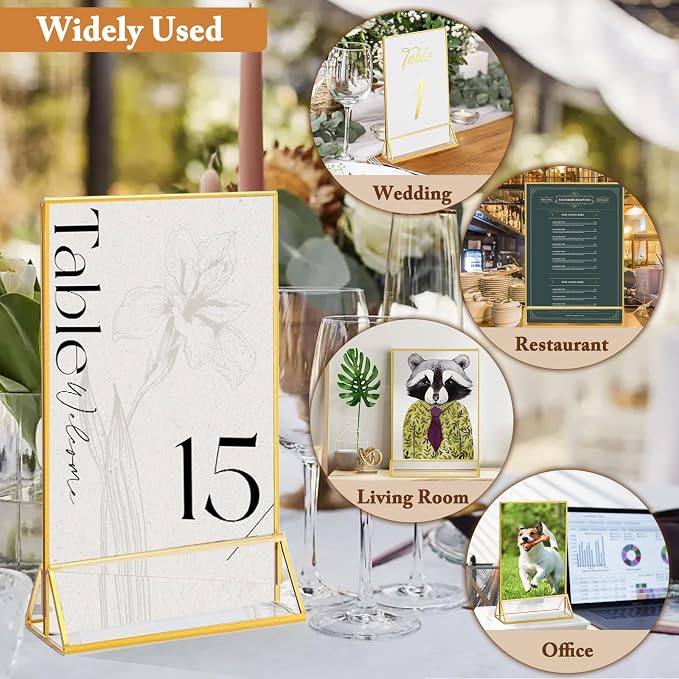 Floroom 24 Pack 5x7 Inch Clear Acrylic Sign Holders, Double-Sided Gold Display Stand Picture Frames for Table Numbers, Menus, Flyers, Weddings, and Offices - Image 5