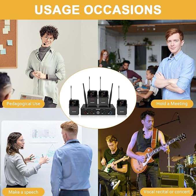4-Channel Wireless Microphone System,UHF Compact Cordless Mic Set w/ 4x10 Frequencies, 200ft Range, 4 Bodypacks & Headset/Lapel Microphones for Singing, Church, Conference (MWM-41-4B)