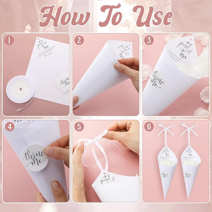 Wedding Petal Cones Kit 50 Sheets Cardstock 2000 Cream Fake Petals 50 'throw Me' Stickers 2 Rolls White Ribbon for Bridal Shower Wedding Favor Celebration Toss