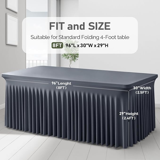 1 Pack Grey Table Clothes for 8 Foot Rectangle Tables, One-Piece Wrinkle Resistant Stretch Spandex Table Covers with Skirt for Event Banquet Wedding Birthday Party - Image 8