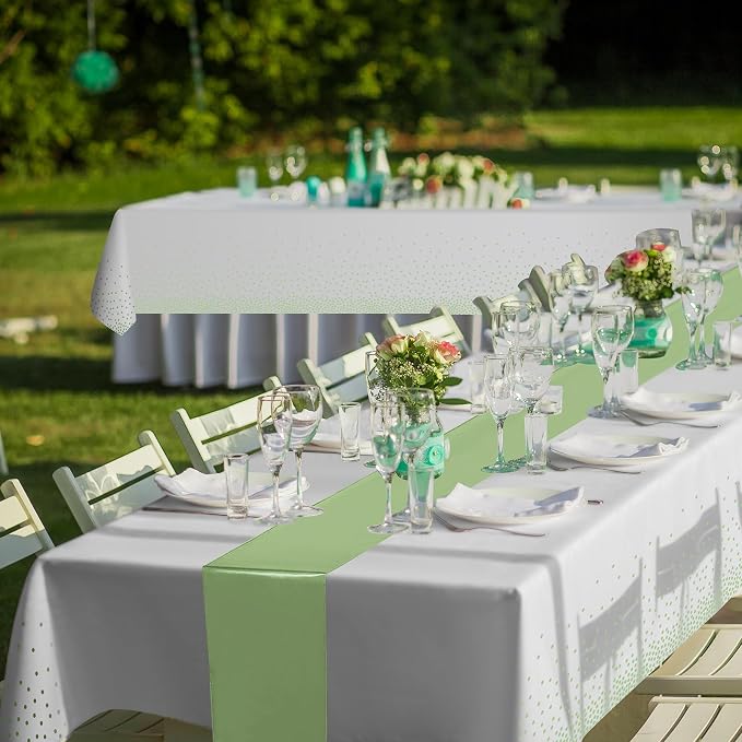 16Pack Plastic Tablecloths and Satin Table Runner Set Disposable White and Sage Green Dot Table Cloth Green Satin Table Runner for Wedding Birthday Baby Shower Anniversary Holiday Party Decorations - Image 8