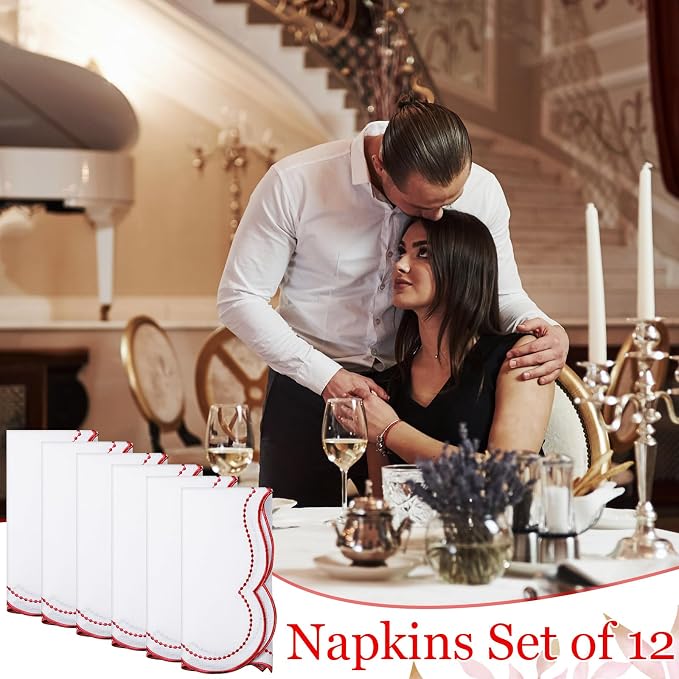 Hahafelt 12 Set Scalloped Cloth Napkins, Embroidery Polyester, Red | 18x18 Inch Washable Cloth Napkins, Reusable Fabric for Hotel Restaurant Table Dinner Wedding Events Parties - Image 7