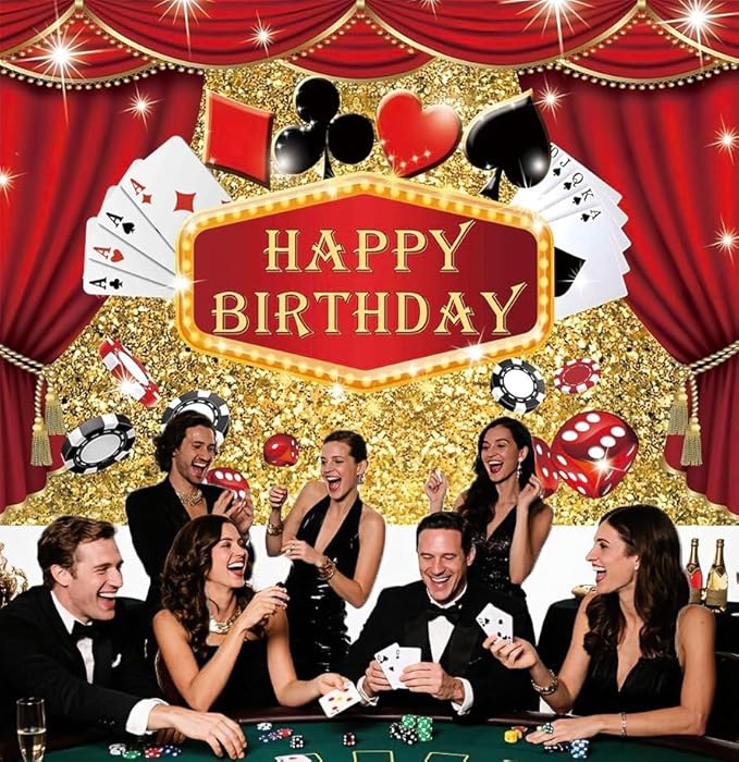 Casino Theme Birthday Party Backdrop Las Vegas Casino Happy Birthday Banner Poker Photography Background for Home Decorations Party Supplies 70.8 x 47.2 Inch