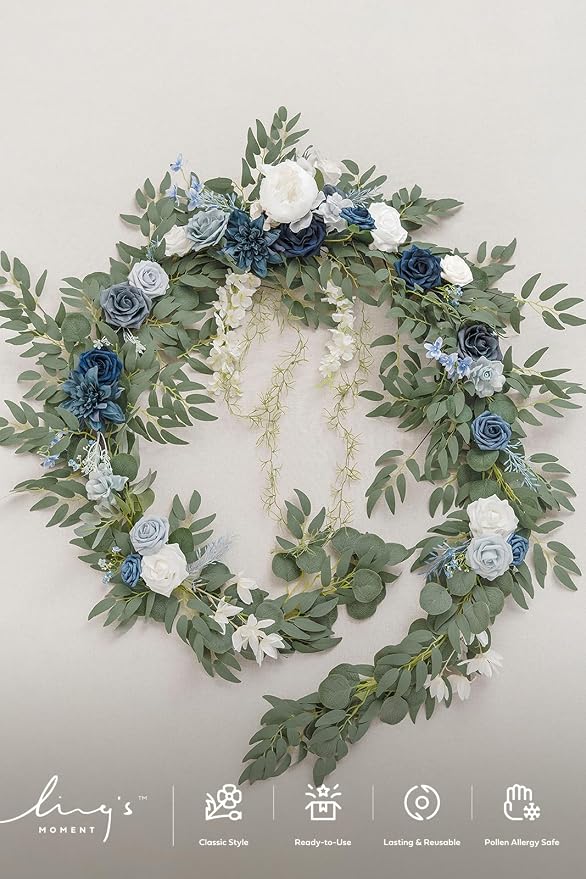 Ling's moment Dusty Blue Artificial Flower Garland Wedding Arch 9 FT | White Rose & Eucalyptus , Greenery, Sweetheart Table Decor, Floral Garland for Mantle, Centerpieces, Backdrop - Image 6
