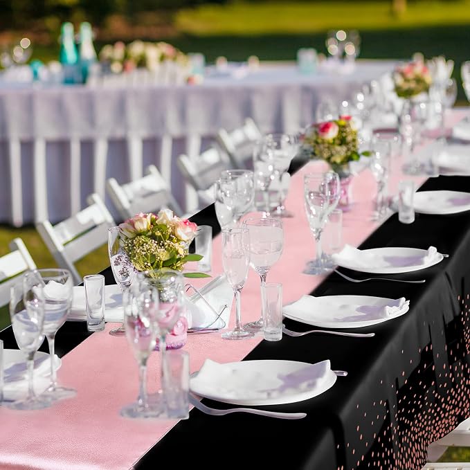 24 Packs Tablecloths Satin Runner Black and Rose Gold Graduation | 54x108 Inch Disposable Tablecloth and 12x108 Inch Satin Runners for Wedding Birthday Party Baby Shower Christmas New Year - Image 6