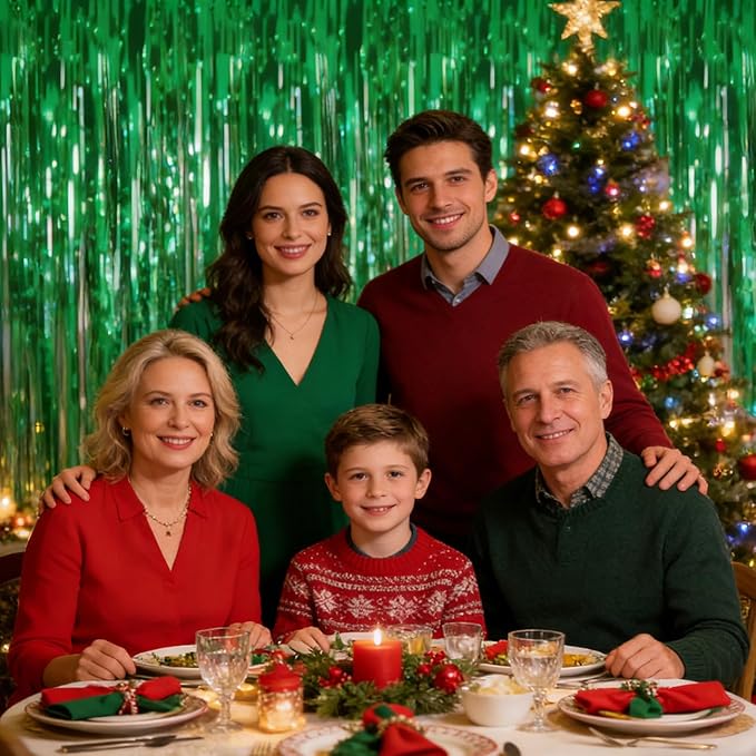 4 Pack Thickened Green Metallic Foil Fringe Curtains Streamer Rip Resistant Shimmer Tinsel Photo Booth Backdrop for Birthday Wedding Christmas Bachelorette Party Decorations 3.28ft x 6.56ft