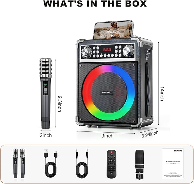 Karaoke Machine with 2 Wireless Microphones, Portable Bluetooth Speaker of Adults & Kids, PA System with Remote & Lights, Bass/Treble Control, Support USB/AUX/TF/FM, Party Speaker for Home