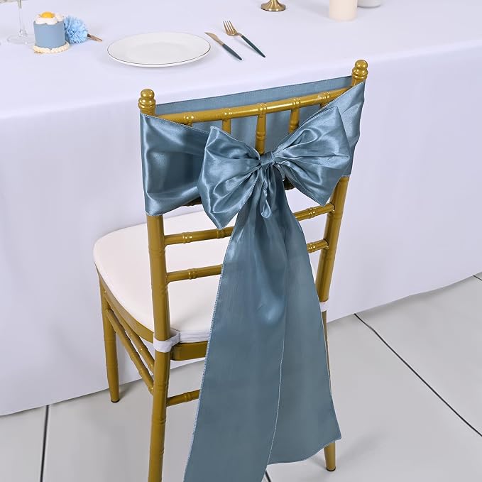 72 PCS Satin Chair Sashes Bows for Wedding Reception, Dusty Blue Universal Decoration Chair Cover Back Tie Supplies, Washable Reusable Chair Ribbons for Wedding Events Banquets (7 x 108 inch) - Image 7