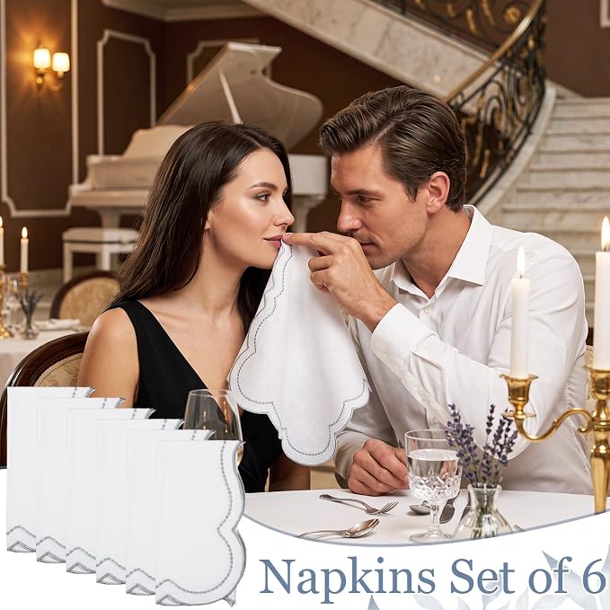 Hahafelt 6 Set Scalloped Cloth Napkins, Embroidery Polyester, Sliver | 18x18 Inch Washable Cloth Napkins, Reusable Fabric for Hotel Restaurant Table Dinner Wedding Events Parties - Image 7