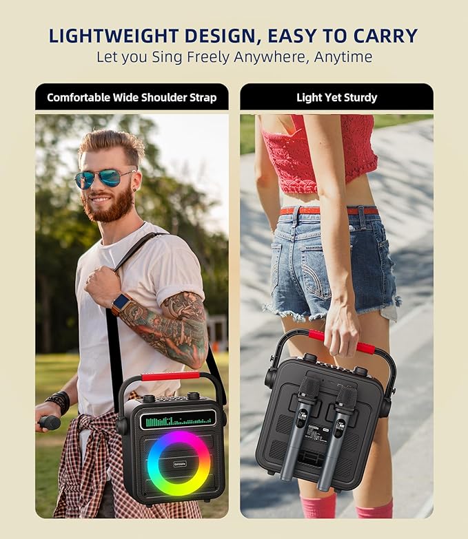 Karaoke Machine 2 Wireless Microphones, Portable Bluetooth Speaker w/PA System for Adults & Kids with LED Lights, Bass/Treble Adjustment, Supports REC/TWS/FM/AUX/USB/IF Card for Party