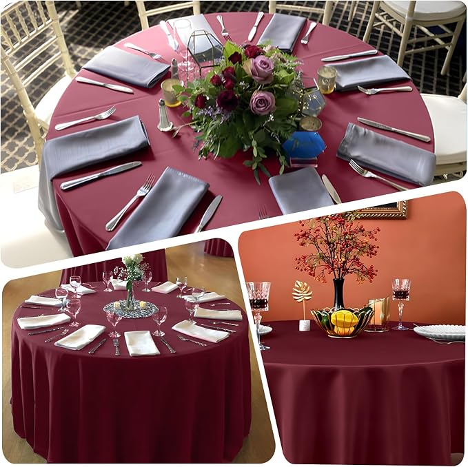 8 Pack Burgundy Round Tablecloth, 120 Inch | Wrinkle Resistant Table Cloth, Washable, Polyester Fabric, For 4Ft-7Ft Round Table, For Dining Banquet Wedding Party - Image 7
