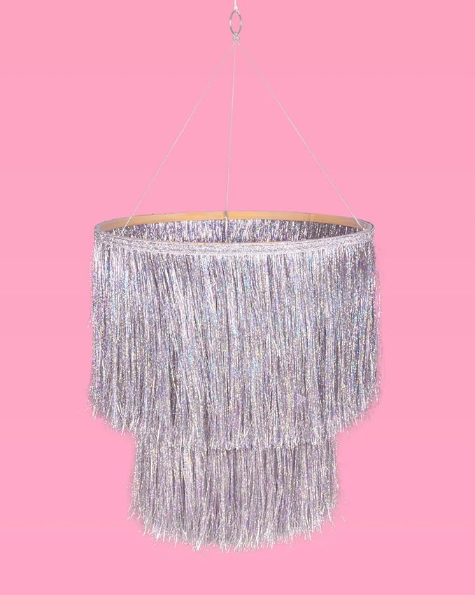 xo, Fetti Fringe Tinsel Chandelier - Iridescent Silver Foil, 16" | Bachelorette Party Decorations, Birthday Photo Booth Supplies, New Years Eve Decor, HBD