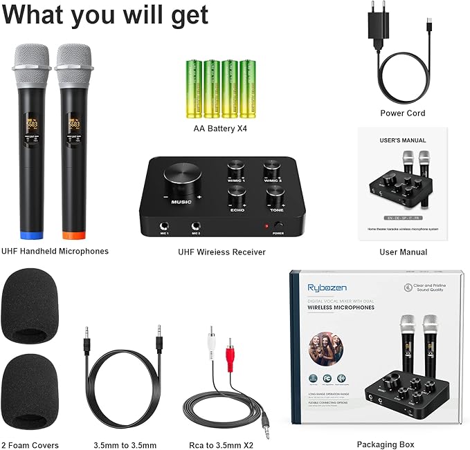 Rybozen Wireless Microphone Karaoke Mixer System, Dual Handheld Wireless Microphone for Karaoke, Smart TV, PC, Speaker, Amplifier, Church, Wedding - Support HDMI, AUX In/Out
