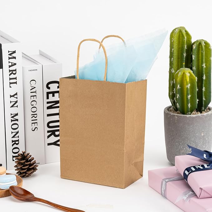 RACETOP 100 PCS Custom Kraft Paper Bags with Logo for Small Business, 8x4.5x10.8 Inch Medium Size, Personalized Gift Bags, Brown Shopping Paper bag with Handle, White Goodie Bag - Image 4