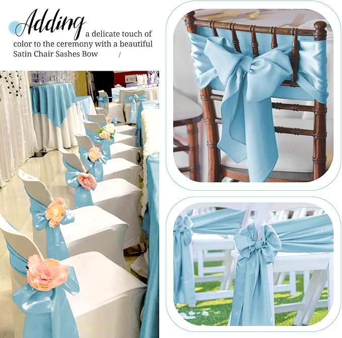 Pesonlook 60 PCS Light Blue Satin Chair Sashes Bows Satin Chair Sashes Universal Chair Cover for Wedding Reception Restaurant Event Decoration Banquet,Party,Hotel Event Decorations (7 x 108 inch) - Image 8