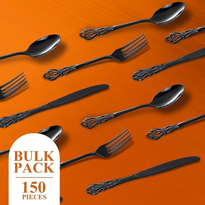 150PCS Black Plastic Silverware - Heavy Duty Disposable Cutlery Sets - Fancy Plastic Utensils Flatware Include 50 Forks, 50 Spoons, 50 Knives for Catering, Dinners, Weddings, Party