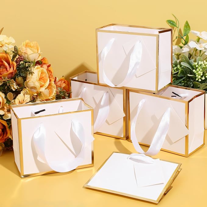Yeaqee 100 Pcs Mini Metallic Paper Gift Bags with Handle, White, Gold | 4.75x2.25x4'' Small Gift Bag with DIY Tag, Tiny Thank You Party Favor, Wedding Baby Shower Birthday Back to School Jewelry - Image 7