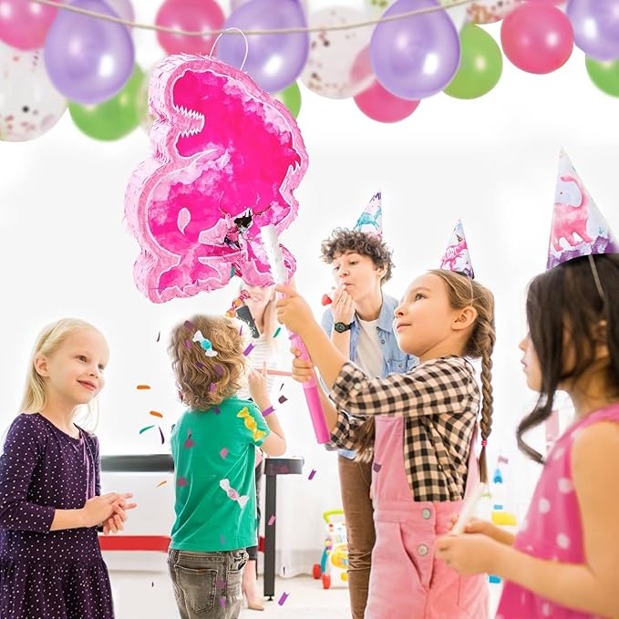 WERNNSAI Dinosaur Piñata - Watercolor Pink Dinosaur Piñata Birthday Piñata with Stick and Blindfold for Kids Birthday Party Game Classroom Activities Rose Dinosaur Themed Party Decors(16.1’’ x 12.4’’)