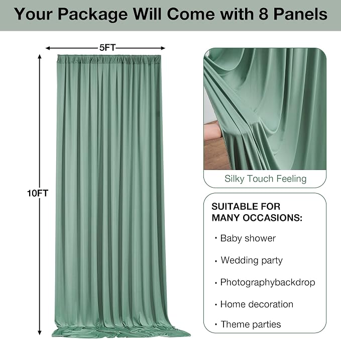 40ft x 10ft Wrinkle Free Sage Green Backdrop Curtains for Parties, 8 Panels 5x10ft Thick Fabric Photo Backdrop Drapes for Wedding Party Background Birthday Decoration - Image 6