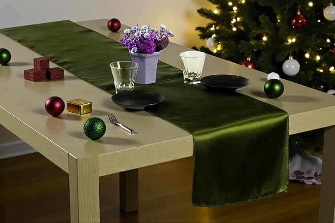 Pack of 15 Satin Table Runners 12 x 108 Inch Long Wedding Sateen Bright Silk Smooth Table Runner for Wedding Reception Birthday Graduation Party Event Banquet Dinner Decoration - Olive Green - Image 7