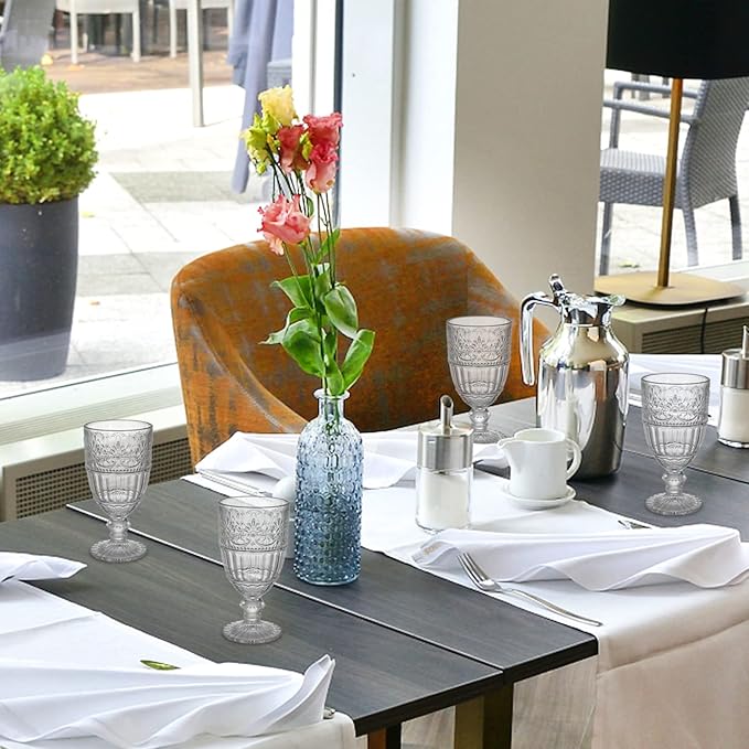 AVLA 6 Pack Glass Goblet, 12 OZ Vintage Wine Glassware, Romantic Wedding Glass Set, Drinking Stemware Beverage Cups for Party, Bar, Champagne, Juice, Beer, Cocktail, Embossed Design