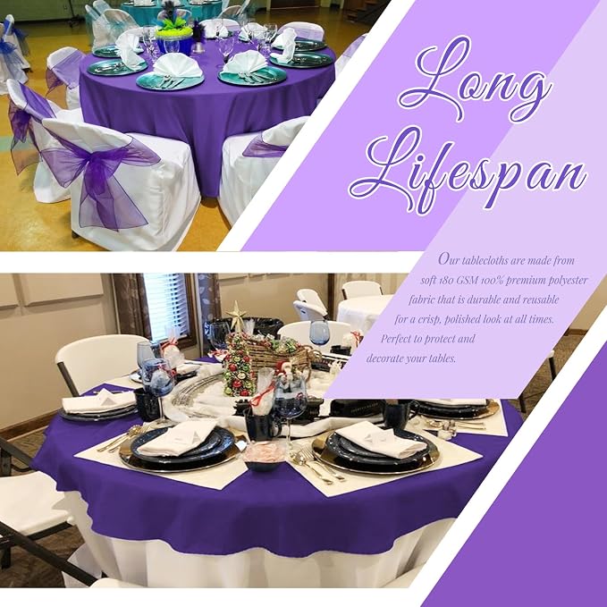 Showgeous 90 Inch Purple Round Tablecloths, Polyester Table Covers | 10 pack Tablecloths for Round Tables Washable polyester Table Cloth Decorative Fabric for Dining Wedding Party Banquet Buffet - Image 8
