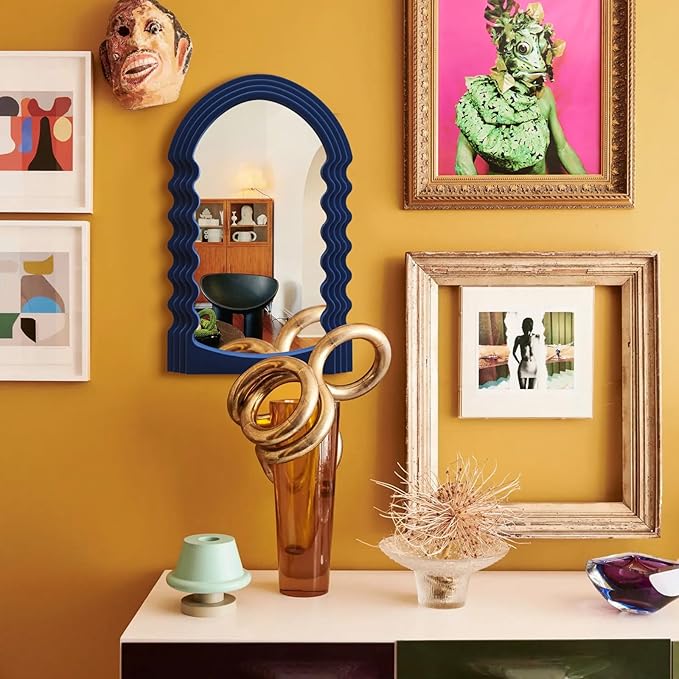 Small Wavy Wall Mirror Living Room Decor, Irregular Decorative Mirrors with Flocking Touch, Modern Squiggly Mirror for Bedroom Hallway Entryway Game Room Decoration (Dark Blue)