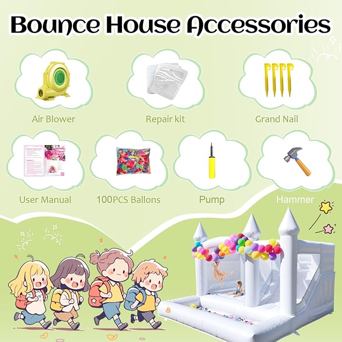 White Bounce House for Adults Kids,13.12FT Heavy Duty 100% PVC Commercial Bounce House with Big Slide and Ball Pit for Backyard,Birthday Party,Wedding,Outdoor Game with 950w Blower