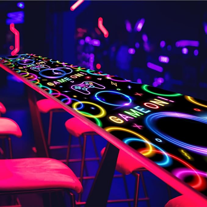 Haull 118 x 39 Inch Glow in The Dark Runner Neon Light up Dance Floor Black Light Party Decor 80s 90s Disco Party Supplies Neon Table Cloths Tapestry UV Rug Backdrop Props(Game on)