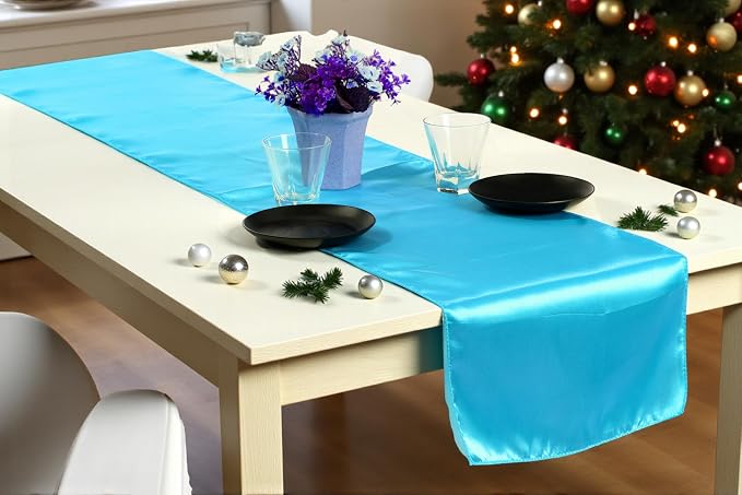 Pack of 5 Satin Table Runners 12 x 108 Inch Long Wedding Sateen Bright Silk Smooth Table Runner for Wedding Reception Birthday Graduation Party Event Banquet Dinner Decoration - Turquoise - Image 7