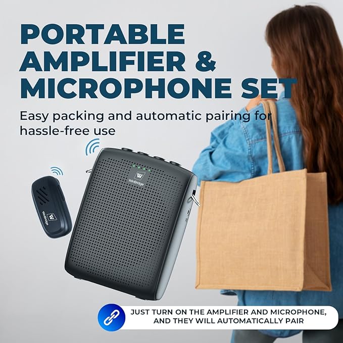 WinBridge Wireless Voice Amplifier with Bluetooth Lavalier Lapel Microphone for Teachers,Portable Speaker and Wireless Clip On Microphone System, Mini Megaphone Speaker Mic Set 15W 2600mAh WB005
