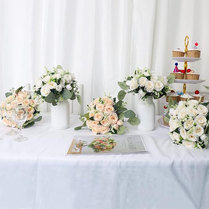 Set of 2 Bridesmaid Bouquets for Wedding - 7 Inch Artificial Ivory Flower Bouquet for Party Ceremony Anniversary Dinning Table Centerpieces Decor - Ivory - Image 6