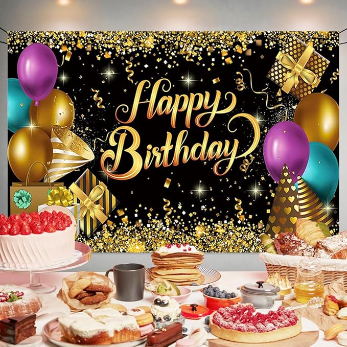 Black and Gold Birthday Party Backdrop Glitter Black Gold Balloon Happy Birthday Banner Luxurious Photography Background for Home Decorations Party Supplies 70.8 x 47.2 Inch