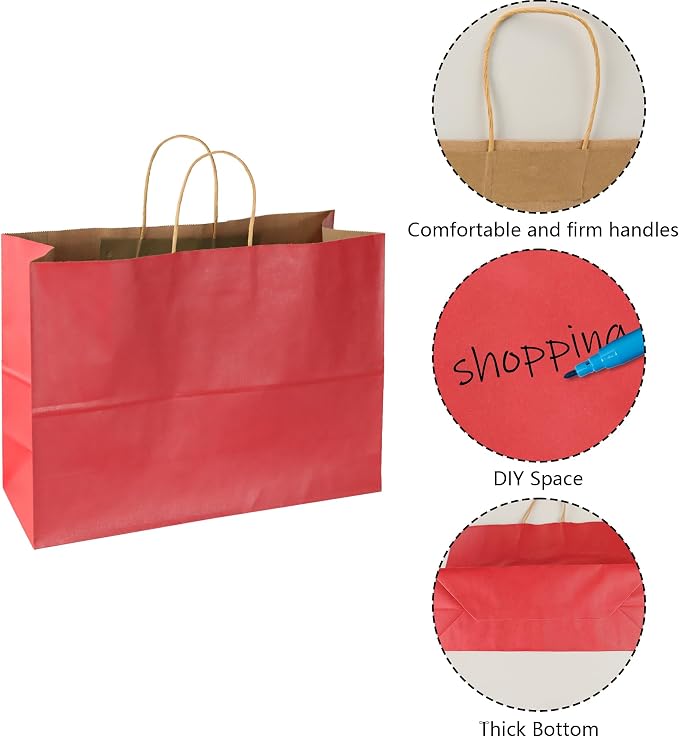 BLEWINDZ 70Pcs Large Paper Bags with Handles, 16x6x12 Inches Red Paper Shopping Bags for Small Business, Large Kraft Gift Bag Bulk for Grocery Mechandise Retail - Image 6