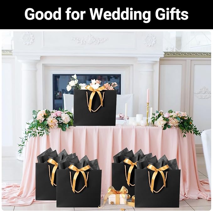 EUSOAR Gift Bags Bulk, 12pcs 12.5"x4.5"x11" Large Bridesmaids Shopping Thank You Black Bag with Handles Bow 25pcs 20"x30" Black Tissue Paper and 12pcs White/Gold Blank Cards for Wedding Small Business - Image 6