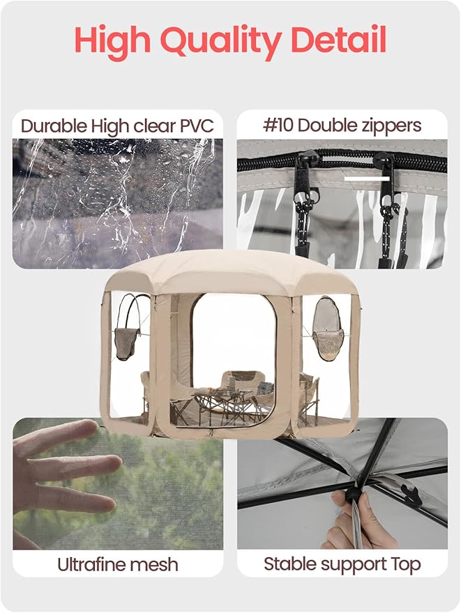 Porayhut Pop up Bubble Tent Screen House 10’X10’Large Camping Sun Shelter,Weather and Cold Proof Pod with Detachable Sunshade Cloth,Waterproof Floor,2 Zipper Doors & 4 Mesh Breathable Windows