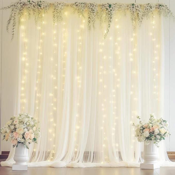 20ft x 8ft Ivory Backdrop Curtain Panels with Lights String for Parties, Sheer Tulle Wedding Backdrop Drapes for Baby Shower Birthday Party Home Decorations - Image 7