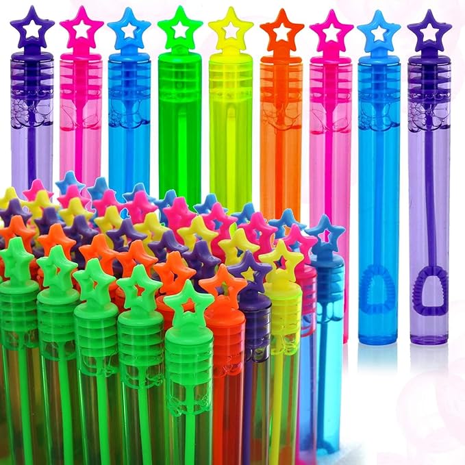 GIFTEXPRESS 32-Pack Star Bubble Wands, Assorted Colors Mini 4.25" Bubble Sticks with Non-Toxic Solution for Kids Party Favors, Birthday Goodie Bags
