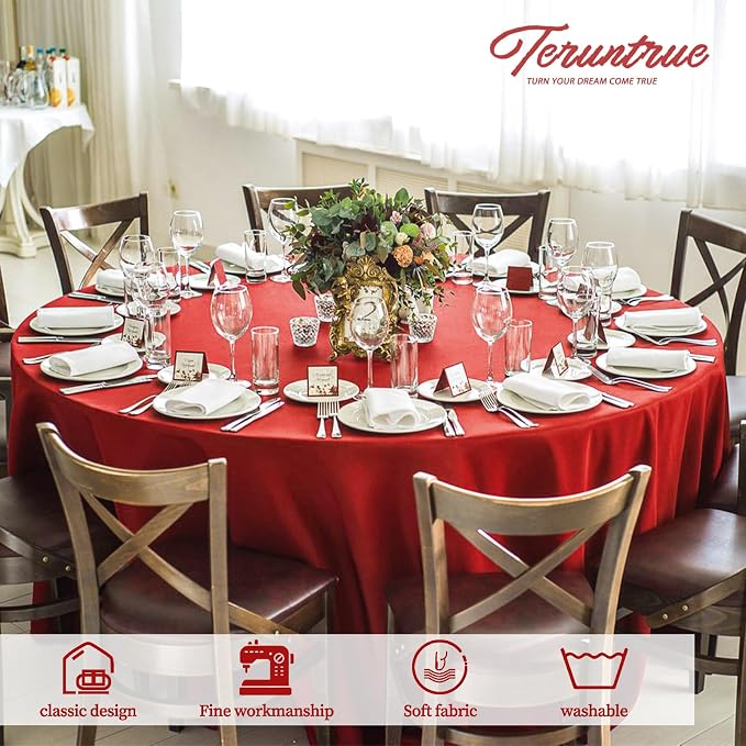 10 Packs Premium Round Tablecloth 120 Inch Red Polyester Table Cloth Bulk Washable Polyester Fabric Tablecloths Table Cover for Wedding Party Banquet Buffet Table Holiday Dinner (Red, 120 Inch) - Image 7