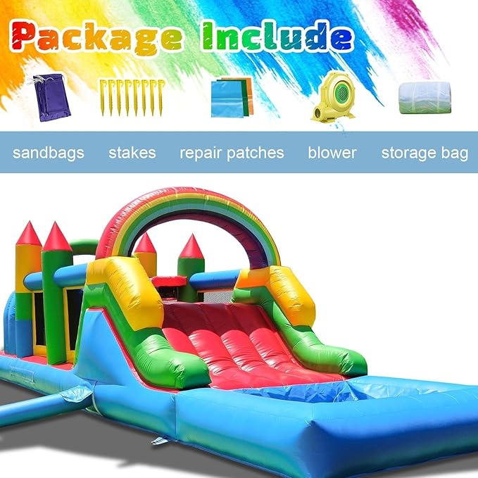 25FT Commercial Grade Bounce House for Adult, (Heavy Duty PVC)(950W UL Blower) Inflatable Obstacle Course, with Water Slide, Splash Water Pool Ball Pit, Large Backyard Lawn Party Game